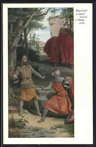 Künstler-AK sign. A. Spiess / F. Piloty: Parsival, Ritter nehmen Helme ab, Serie 253, Nr. 4451