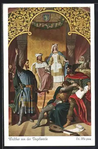 Künstler-AK sign. Ed. Ille: Walther von der Vogelweide siegt im Gesang über Heinrich v. Ofterdingen