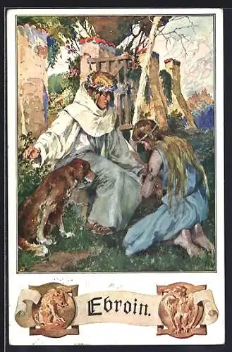 Künstler-AK Ebroin, Hund schaut zu Mädchen welche vor einem Manne kniet