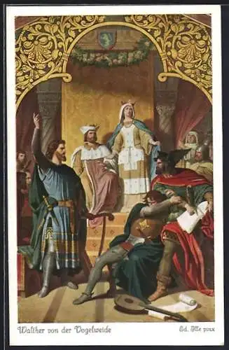 Künstler-AK sign. Ed. Ille: Walther von der Vogelweide siegt im Gesang über Heinrich v. Ofterdingen
