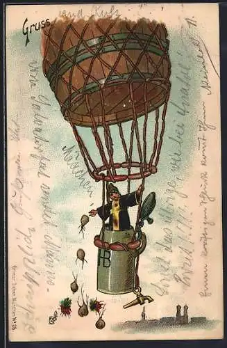 Lithographie Münchner Kindl in Bierkruggondel unterm Ballon wirft Radi herab