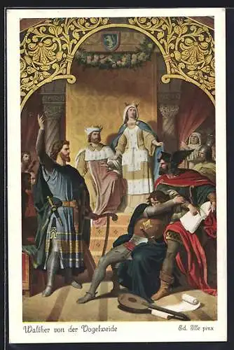 Künstler-AK sign. Ed. Ille: Walther von der Vogelweide siegt im Gesang über Heinrich v. Ofterdingen