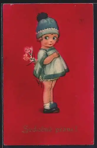 AK Kleines Mädchen mit Wollmütze und Blumenstrauss hinter dem Rücken