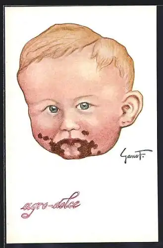 AK Knabenkopf mit Schokolade am Mund