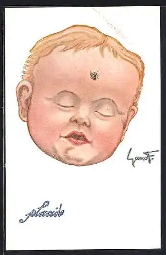 AK Knabenkopf mit geschlossenen Augen und Insekt auf der Stirn