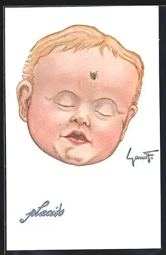 AK Knabenkopf, schlafend, mit Insekt auf der Stirn