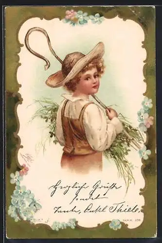 AK Kleiner Hirte mit Heu im Arm, Ornament-Rahmen, Blumen