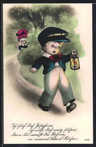 AK Kleine Dame versteckt sich vor kleinem Kavalier mit Laterne