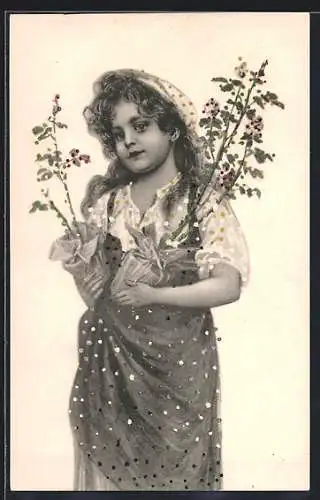 AK Mädchen mit Topfblumen, als Geschenk verpackt