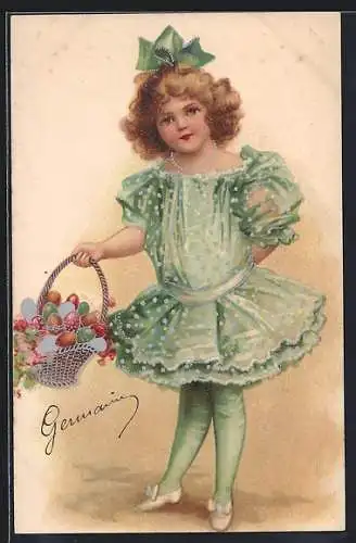 AK Ostern, Mädchen in grünem Kleid mit Osterkorb