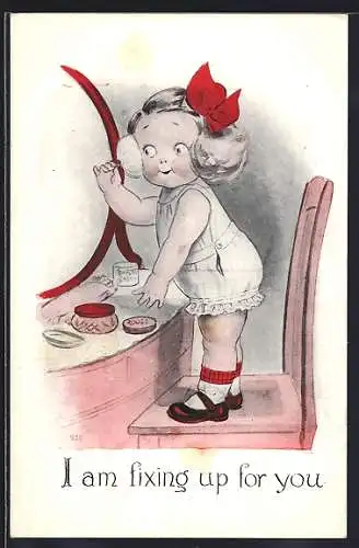 AK Kleine Dame pudert ihr Gesicht vor dem Spiegel