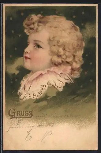 Lithographie Kind mit blondem Haar vor blauem Sternenhimmel