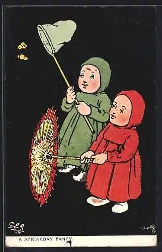 AK Kleines Paar mit Schirm auf Schmetterlingsjagd