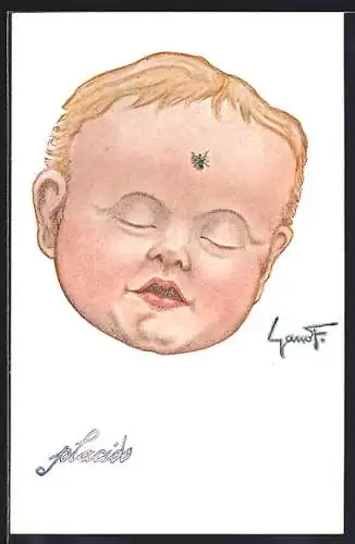 AK Knabenkopf im Schlaf, mit Insekt auf der Stirn