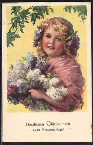 AK Mädchen mit Flieder im Arm, Namenstagsgruss