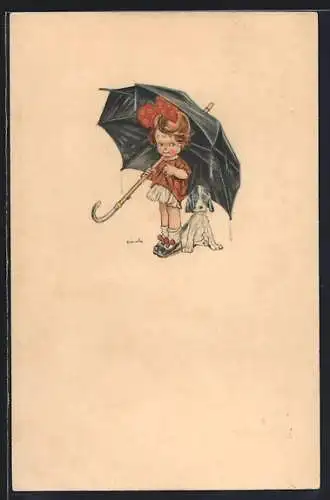 AK Kleines Mädchen und Hund unter einem grossen Schirm