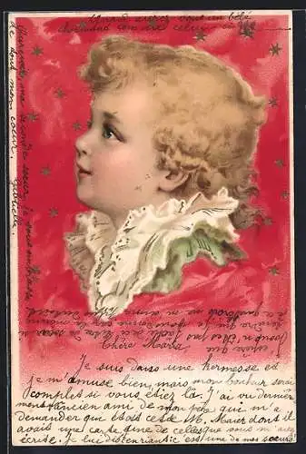 AK Kindergesicht im Seitenprofil, dahinter Sterne