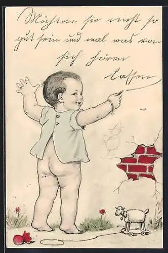 AK Möchten Sie nicht so gut sein..., Kleiner Junge mit nacktem Popo und Spielzeugschaf