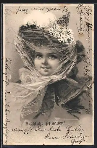 AK Kleine Dame mit Hut und Schleier, Pfingstgruss