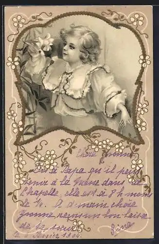 AK Lockiges Kind und weisse Lilie, Ornament-Rahmen