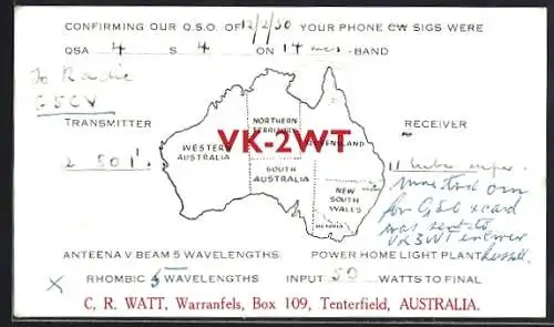 AK Tenterfield, Confirming our Q.S.O. of 12.2.50 your phone CW sigs were QSA 4s 4 on 14m band