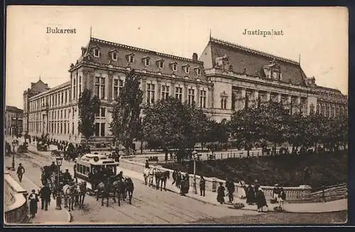 AK Bukarest, Justizpalast, Strassenbahn, Pferdebahn