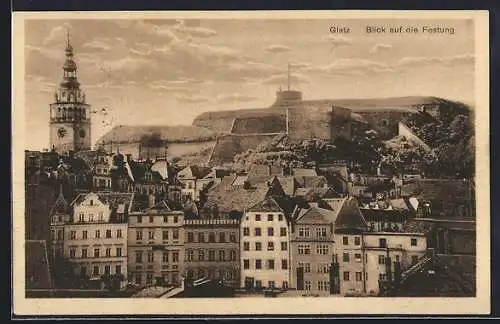 AK Glatz, Teilansicht mit Festungsblick aus der Vogelschau
