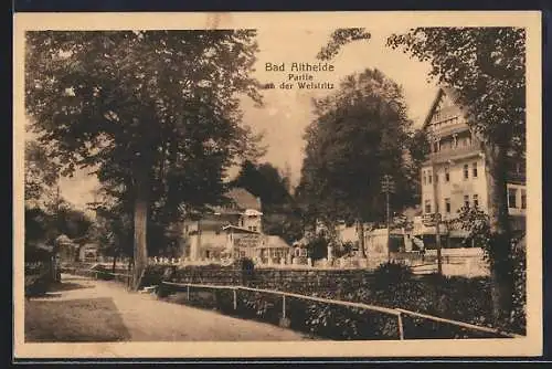 AK Bad Altheide, Ortspartie an der Weistritz, mit Kiosk