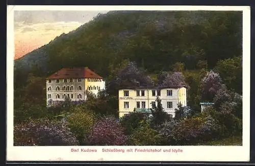 AK Bad Kudowa, Schlossberg mit Friedrichshof und Idylle
