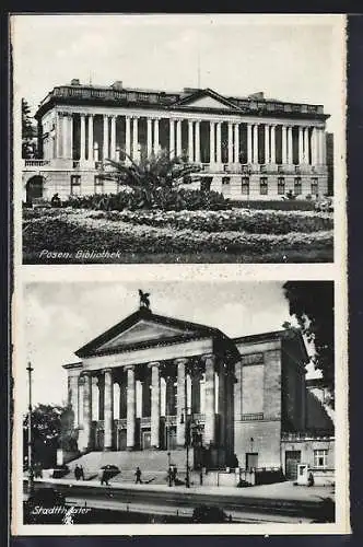 AK Posen / Poznan, Vorderansicht der Bibliothek und des Stadttheaters