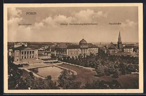 AK Posen, Stadttheater, Königl. Ansiedlungskommission, Paulikirche aus der Vogelschau