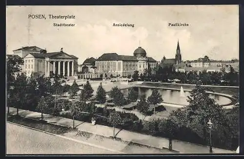 AK Posen, Theaterplatz aus der Vogelschau mit Stadttheater, Ansiedlung und Paulikirche