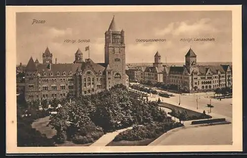 AK Posen / Poznan, Königl. Schloss, Oberpostdirektion, Königl. Landschaft, Strassenbahn