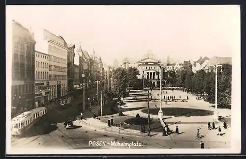 AK Posen, Wilhelmplatz mit Strassenbahnen