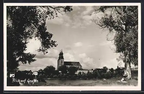 AK Gnesen, Panorama mit Kirche und Gewässer