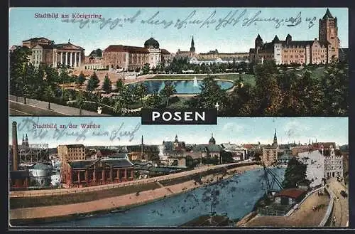AK Posen, Panorama mit Standbild am Königsring, Panorama mit Standbild an der Warthe