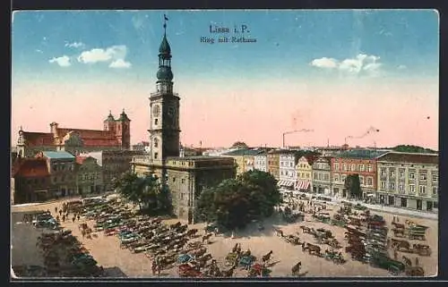 AK Lissa i. P., Ring mit Rathaus aus der Vogelschau