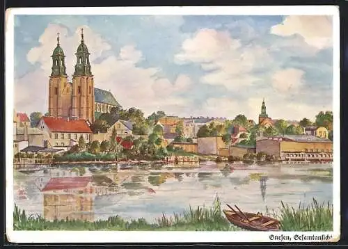 Künstler-AK Gnesen, Gesamtansicht vom Wasser aus