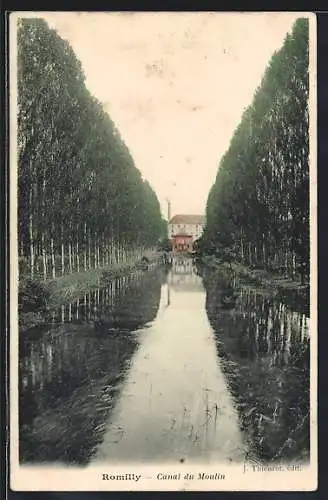 AK Romilly, Canal du Moulin avec allée d`arbres