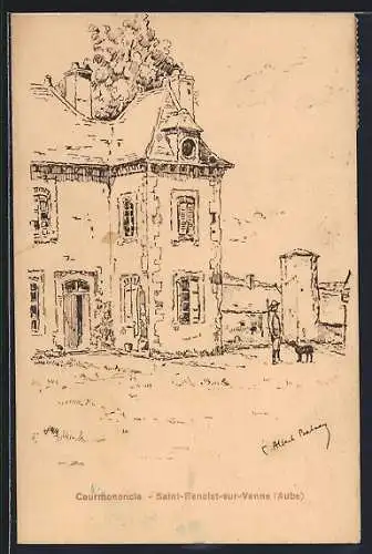 AK Saint-Benoist-sur-Vanne, Maison rurale avec personnage et chien