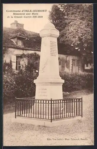 AK Isle-Aumont, Monument aux Morts de la Grande Guerre 1914-1918
