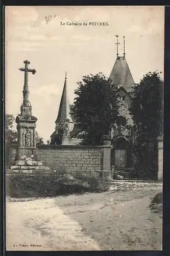 AK Poivres, Le Calvaire devant l`église et le mur de pierre