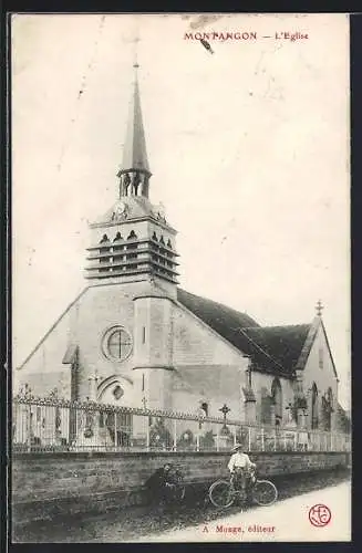 AK Montangon, L`Église et cycliste devant la clôture