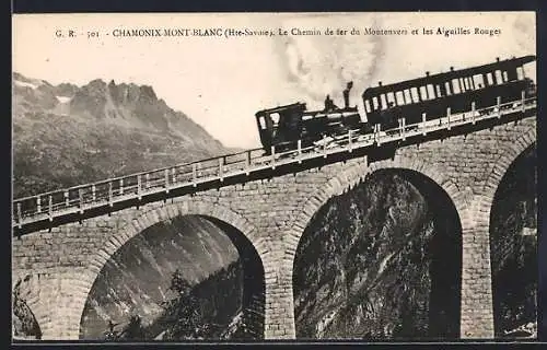 AK Chamonix, Le Chemin de Fer du Montenvers et les Aiguilles Rouges, Bergbahn auf einem Viadukt