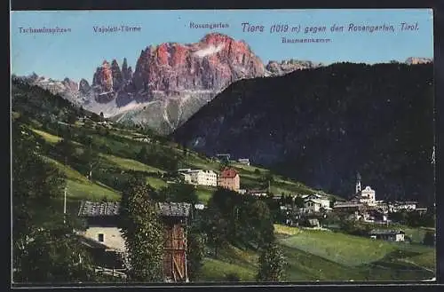 AK Tiers /Tirol, Teilansicht gegen den Rosengarten, Tschaminspitzen und Baumannkamm