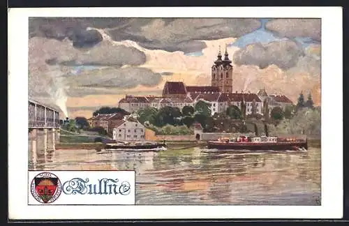 Künstler-AK Tulln, Ortspartie am Flussufer, Deutscher Schulverein