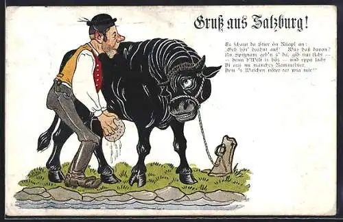 Künstler-AK Salzburg, Es schaut da Stier ön Rüapl an..., Stier