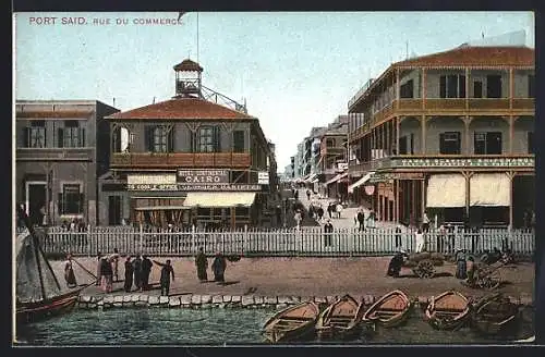 AK Port Said, Rue du Commerce, Ortspartie mit Hotel Continental Cairo und Thomas Cook-Filiale