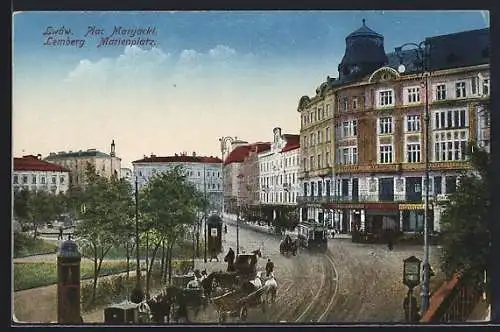 AK Lwow / Lemberg, Plac Maryacki, Marienplatz mit Strassenbahn