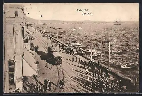 AK Saloniki, Quai mit Strassenbahn